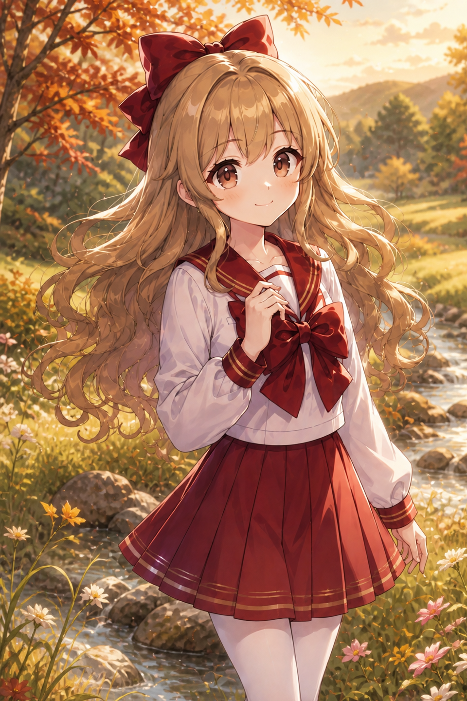 Rose, a girl with long honey-blonde hair, a red bow, and a crimson sailor uniform